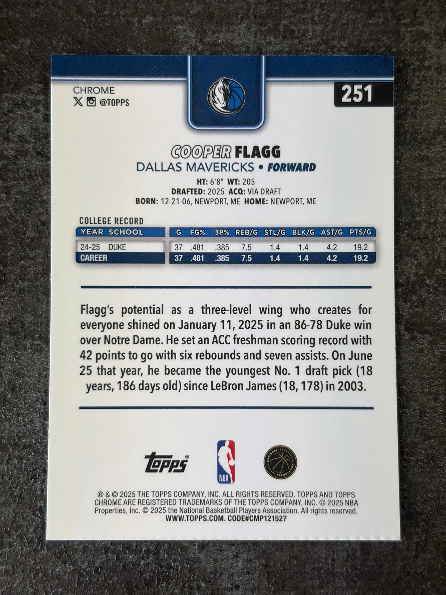 2025-26 Topps Chrome Cooper Flagg #251 RC